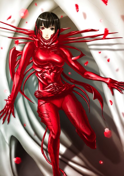 Anime picture 2474x3500 with sidonia no kishi hoshijiro shizuka gauna tagme (artist) looking at viewer fringe highres short hair breasts light erotic brown hair from above heterochromia looking up girl suit placenta (sidonia no kishi)
