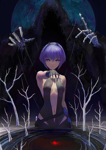 Anime picture 827x1169 with fate (series) fate/prototype hassan of serenity (fate) death (entity) sion (9117) single tall image looking at viewer fringe short hair breasts light erotic hair between eyes standing purple eyes payot purple hair sideboob dark skin outstretched hand