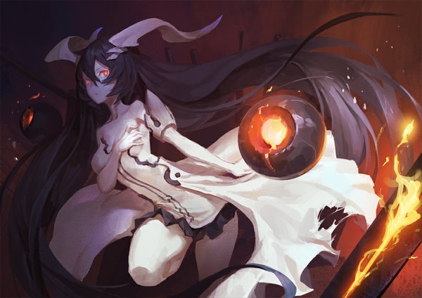 Anime picture 1000x707 with kantai collection anchorage water oni cancer (zjcconan) single fringe black hair red eyes standing looking away bent knee (knees) very long hair horn (horns) leaning leaning forward glowing hand on chest standing on one leg glowing eye (eyes) leg lift (legs lift) white skin
