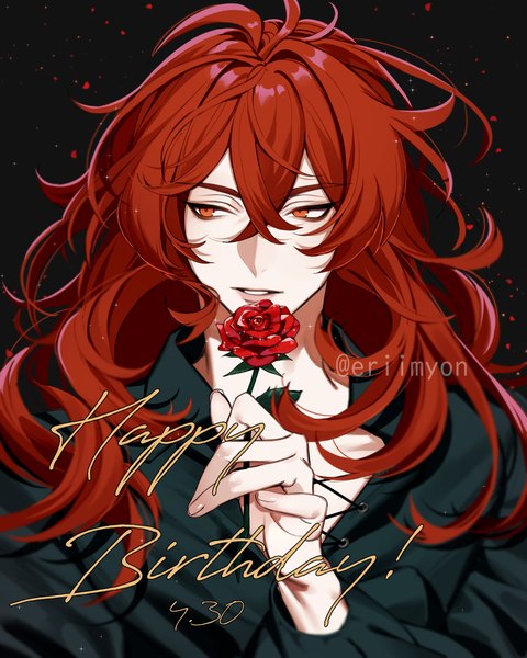 Anime picture 2000x2500 with genshin impact diluc ragnvindr emily-ebarrola single long hair tall image fringe highres hair between eyes red eyes signed looking away upper body red hair twitter username dated black background happy birthday boy flower (flowers)