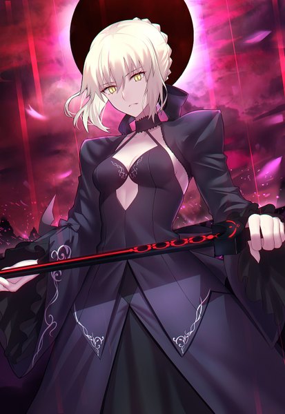 Anime picture 992x1440 with fate (series) fate/grand order fate/stay night artoria pendragon (all) saber alter shiguru single tall image looking at viewer fringe short hair breasts blonde hair hair between eyes standing holding yellow eyes payot cleavage braid (braids)