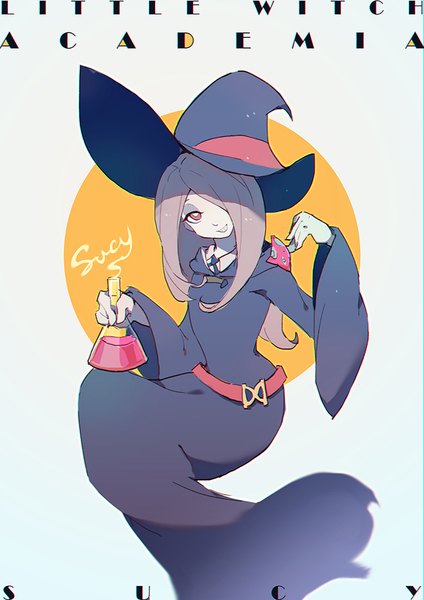 Anime picture 707x1000 with little witch academia studio trigger sucy manbavaran vienri single long hair tall image looking at viewer fringe smile brown eyes grey hair hair over one eye copyright name character names witch girl hat witch hat mushroom (mushrooms)