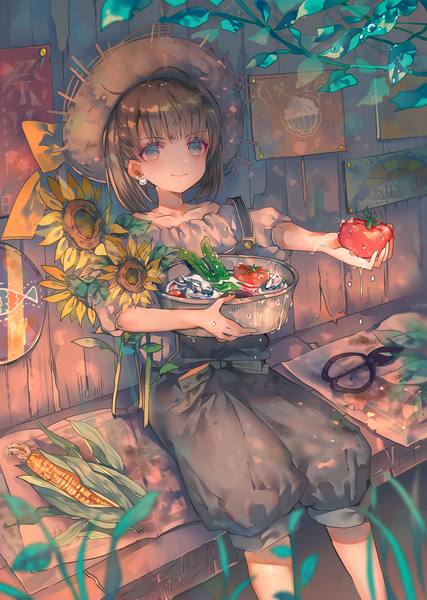 Anime picture 1425x2000 with original cha goma single tall image looking at viewer blush short hair blue eyes smile brown hair sitting holding short sleeves puffy sleeves girl flower (flowers) hat earrings food straw hat