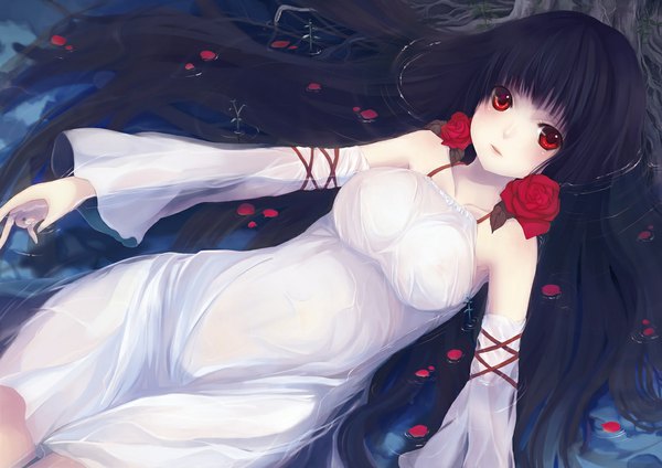 Anime picture 1132x800 with original itou nanami nanammmmm single long hair breasts light erotic black hair red eyes bare shoulders blue hair lying wet clothes girl dress flower (flowers) detached sleeves petals water white dress