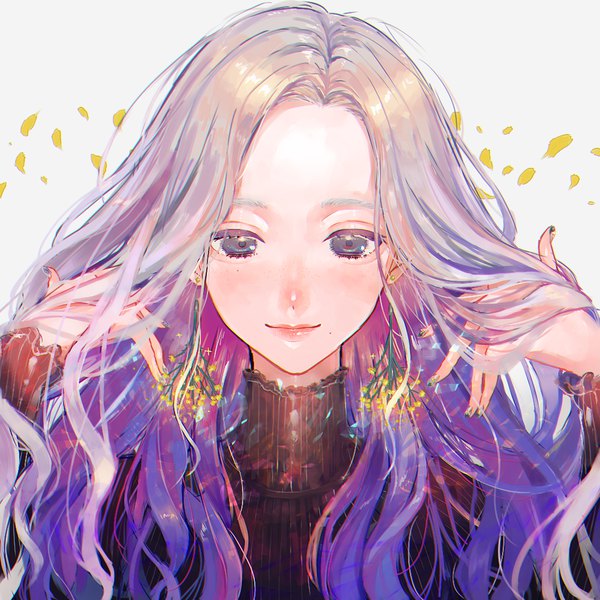 Anime picture 1024x1024 with original sinomi single long hair looking at viewer simple background white background silver hair purple hair nail polish multicolored hair two-tone hair grey eyes adjusting hair portrait girl earrings turtleneck