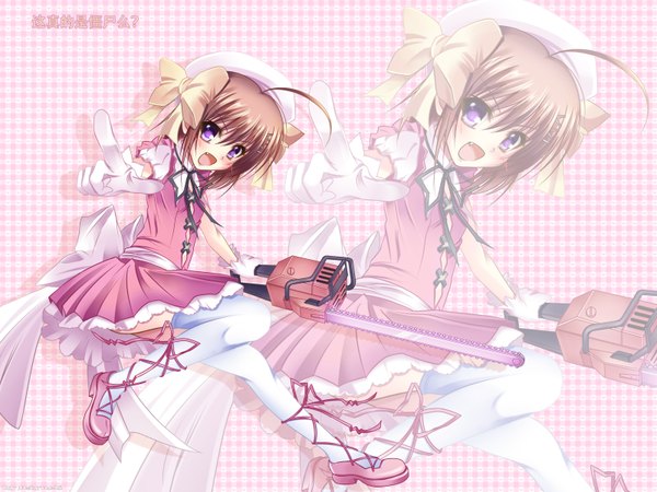 Anime picture 3200x2400 with kore wa zombie desu ka? studio deen haruna (zombie) pass-d (artist) single highres short hair open mouth smile brown hair purple eyes absurdres ahoge pink background zoom layer plaid plaid background girl thighhighs dress
