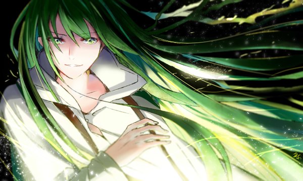 Anime picture 4822x2893 with fate (series) fate/strange fake enkidu (fate) tarao (13raven) single long hair looking at viewer fringe highres smile hair between eyes wide image green eyes signed absurdres upper body green hair floating hair light boy