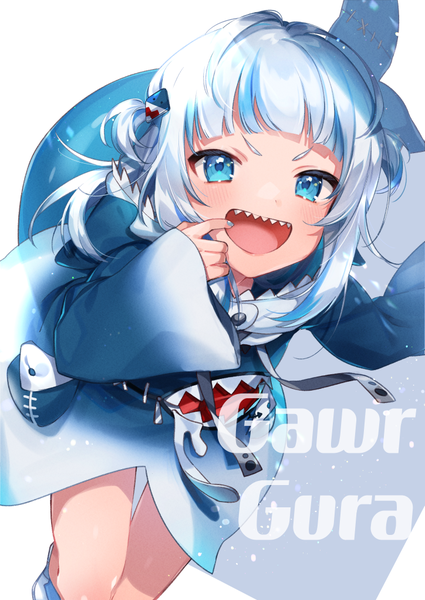 Anime picture 724x1023 with virtual youtuber hololive hololive english gawr gura gawr gura (1st costume) nokachoco114 single tall image fringe short hair open mouth blue eyes silver hair tail blunt bangs nail polish :d multicolored hair teeth two side up