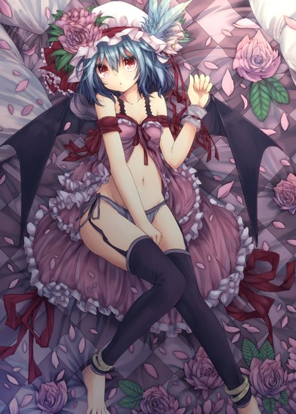Anime picture 1500x2099 with touhou remilia scarlet teco uk tall image short hair light erotic red eyes blue hair cleavage underwear only girl thighhighs navel underwear panties flower (flowers) black thighhighs petals wings bonnet
