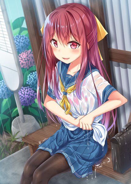 Anime-Bild 1300x1818 mit kantai collection kamikaze destroyer gurande (g-size) single long hair tall image blush light erotic brown hair sitting outdoors pleated skirt pink eyes lips wet alternate costume rain wet clothes half updo shiny