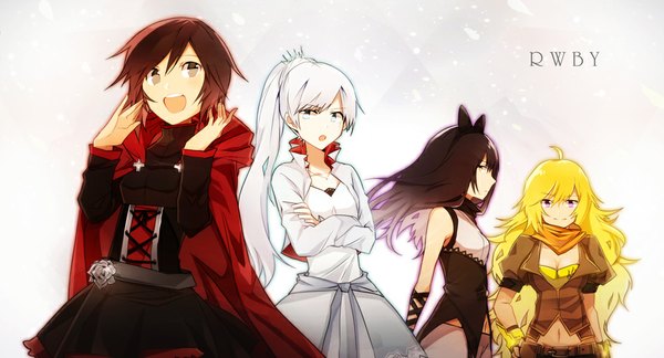 イラスト 950x513 と rwby rooster teeth ruby rose weiss schnee blake belladonna yang xiao long - (artist) 長髪 短い髪 開いた口 青い目 金髪 笑顔 茶色の髪 wide image 立つ 紫目 multiple girls 茶目 アホ毛