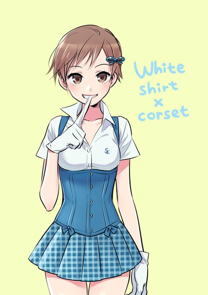 Anime picture 2893x4092 with original morikura en single tall image looking at viewer blush fringe highres short hair simple background smile brown hair holding brown eyes text mouth hold open collar english yellow background underbust