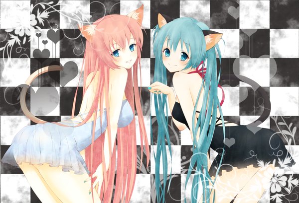 Anime picture 1846x1261 with vocaloid hatsune miku megurine luka yunca long hair looking at viewer blush highres open mouth light erotic smile twintails bare shoulders multiple girls animal ears pink hair tail nail polish animal tail looking back