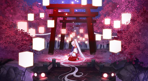 Anime picture 1200x661 with original xiaoshou xiansheng single long hair blush wide image sitting twintails outdoors white hair very long hair traditional clothes japanese clothes cherry blossoms miko seiza girl ribbon (ribbons) hair ribbon petals
