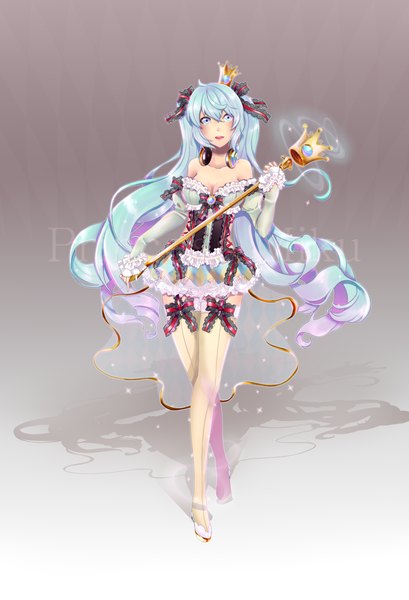 Anime picture 1500x2200 with vocaloid hatsune miku y.i. (lave2217) single tall image blush open mouth twintails bare shoulders very long hair aqua eyes aqua hair wavy hair girl dress ribbon (ribbons) hair ribbon detached sleeves headphones staff