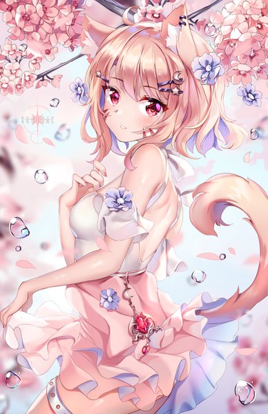 Anime picture 809x1250 with original virtual youtuber indie virtual youtuber shyrei faolan squchan single tall image looking at viewer blush fringe short hair breasts blonde hair standing bare shoulders signed animal ears ahoge outdoors tail