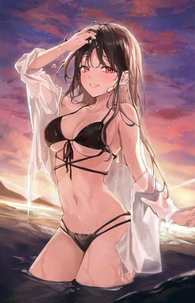 Anime picture 1400x2176 with original choc single long hair tall image looking at viewer blush fringe breasts light erotic smile red eyes brown hair large breasts standing sky cloud (clouds) outdoors parted lips arm up