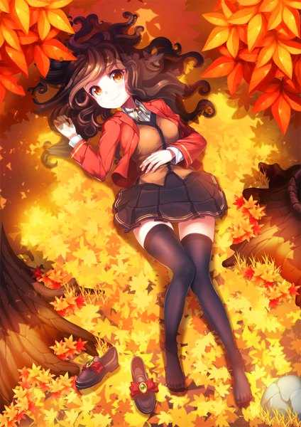 Anime picture 900x1273 with original christinya single long hair tall image looking at viewer blush smile brown hair brown eyes full body bent knee (knees) lying long sleeves pleated skirt no shoes zettai ryouiki wavy hair autumn shoes removed