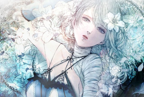 Anime-Bild 1500x1010 mit nier kaine (nier) kuroe (pixiv5268156) single long hair blue eyes silver hair braid (braids) parted lips arm up hair flower girl flower (flowers) bandage (bandages) lily (flower)