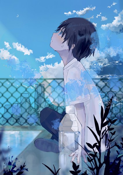 Anime picture 1444x2048 with original irodori warabi single tall image short hair blue eyes black hair sitting signed sky cloud (clouds) outdoors profile twitter username looking up indian style boy animal fish (fishes) bottle