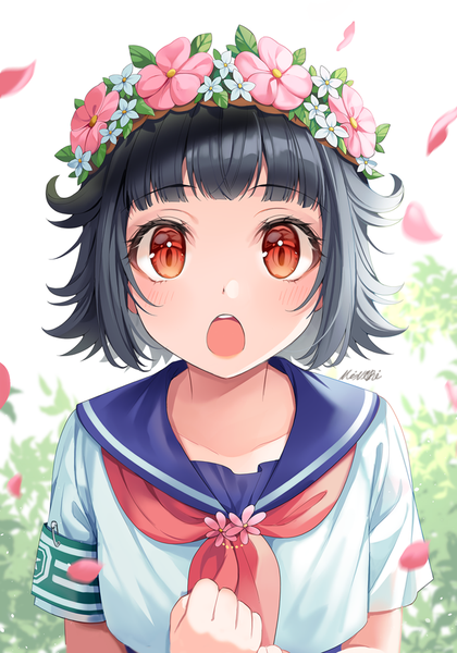 Anime picture 650x928 with bang dream! ushigome rimi minori (faddy) single tall image looking at viewer blush fringe short hair open mouth black hair red eyes white background signed upper body outdoors blunt bangs :o hand on chest portrait