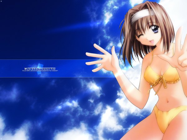 Anime picture 1600x1200 with short hair blue eyes brown hair one eye closed wink jpeg artifacts swimsuit headband