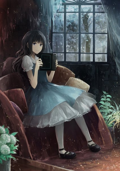 Anime picture 868x1227 with original angel31424 single long hair tall image looking at viewer black hair sitting holding black eyes girl dress plant (plants) window book (books) potted plant