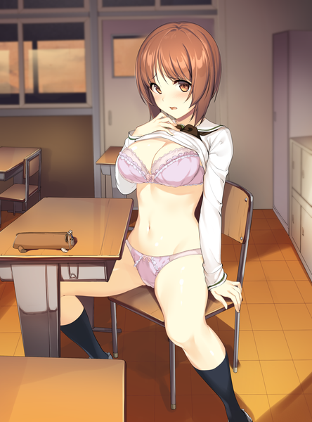 Anime picture 1482x2000 with girls und panzer nishizumi miho ikomochi single tall image looking at viewer blush fringe short hair breasts open mouth light erotic brown hair large breasts sitting brown eyes cleavage bent knee (knees) indoors shadow