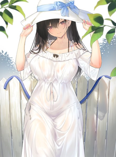Anime picture 1176x1600 with original peragura single long hair tall image looking at viewer blush fringe breasts light erotic black hair hair between eyes red eyes standing bare shoulders outdoors nail polish head tilt off shoulder wide sleeves