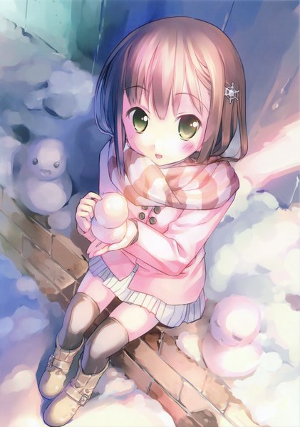 Anime-Bild 2132x3037 mit original takoyaki (roast) single long hair tall image looking at viewer blush highres brown hair sitting green eyes from above winter snow exhalation girl thighhighs skirt hair ornament black thighhighs