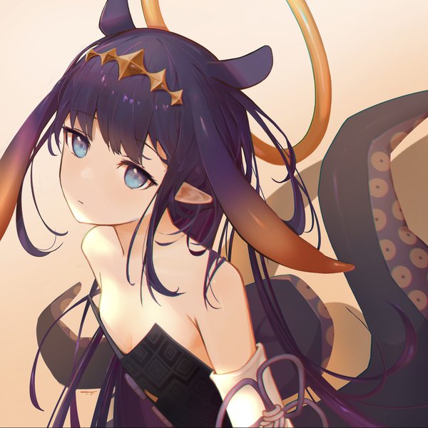 Anime picture 1242x1241 with virtual youtuber hololive hololive english ninomae ina'nis ninomae ina'nis (1st costume) jushoro single long hair blue eyes light erotic animal ears purple hair from above pointy ears flat chest looking up extra ears tentacle hair girl halo