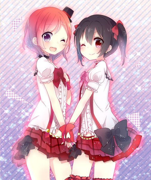 Anime picture 1040x1235 with love live! school idol project sunrise (studio) love live! nishikino maki yazawa nico mafuyu (chibi21) tall image looking at viewer blush short hair open mouth black hair smile red eyes twintails purple eyes multiple girls red hair one eye closed wink