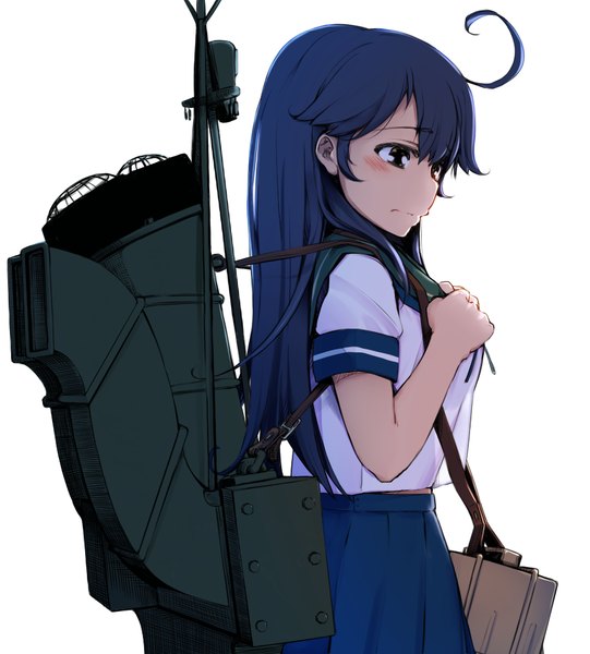 Anime picture 901x1000 with kantai collection ushio destroyer momo (higanbana and girl) single long hair tall image blush simple background white background brown eyes blue hair looking away ahoge girl skirt weapon serafuku