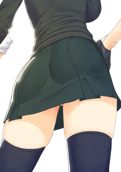 Anime picture 1063x1500 with kantai collection tenryuu light cruiser yuuji (and) single tall image breasts light erotic simple background large breasts standing white background ass from behind pantyshot zettai ryouiki hand on hip thighs girl thighhighs skirt