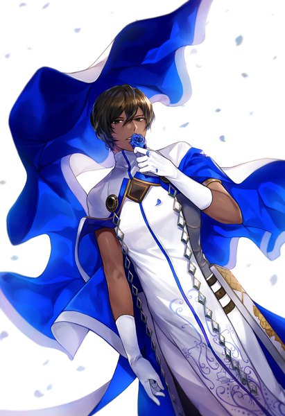 Anime-Bild 1500x2186 mit fate (series) fate/grand order arjuna (fate) gijang single tall image looking at viewer fringe short hair simple background hair between eyes brown hair standing white background brown eyes wind dark skin boy gloves flower (flowers)