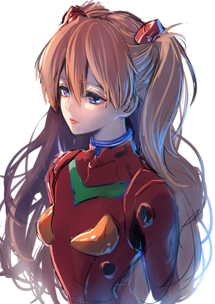 Anime picture 700x990 with neon genesis evangelion gainax soryu asuka langley misty cj single long hair tall image fringe blue eyes simple background hair between eyes white background upper body orange hair two side up girl pilot suit