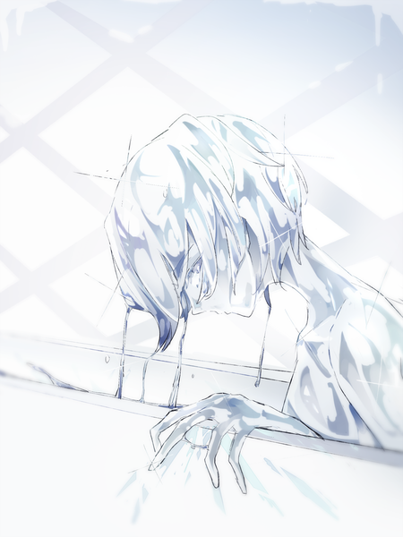 Anime picture 900x1200 with houseki no kuni antarcticite captain yue single tall image looking at viewer short hair profile nude sparkle androgynous bath