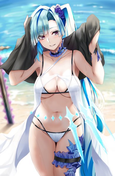Anime picture 1500x2299 with fate (series) fate/grand order brynhildr (fate) brynhildr (swimsuit berserker) (fate) nicky w single tall image looking at viewer blush fringe breasts light erotic smile large breasts purple eyes holding payot very long hair parted lips head tilt