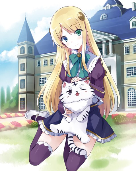 Anime picture 1879x2356 with isekai wa smartphone to tomo ni. yumina elnea belfast kohaku (isekai wa smartphone to tomo ni.) usatsuka eiji single long hair tall image looking at viewer blush fringe highres blue eyes blonde hair smile payot full body bent knee (knees) outdoors head tilt zettai ryouiki