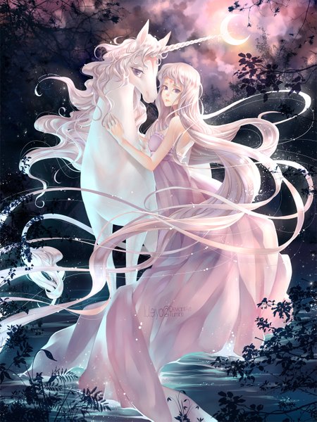 Anime picture 1151x1533 with the last unicorn disney lady amalthea luleiya tall image looking at viewer blonde hair standing purple eyes cloud (clouds) very long hair horn (horns) night night sky sleeveless hug face to face crescent dual persona river