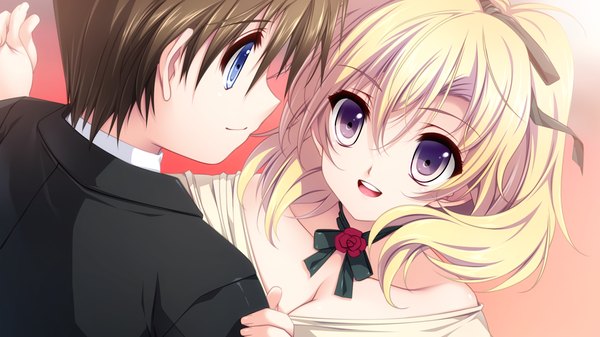 Anime picture 1280x720 with koisuru otome to shugo no tate tsuchiya mana kisaragi shuuji short hair open mouth blue eyes black hair blonde hair wide image purple eyes game cg couple girl dress boy