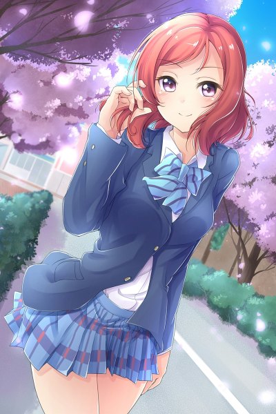 Anime picture 800x1200 with love live! school idol project sunrise (studio) love live! nishikino maki molgen single long hair tall image looking at viewer smile standing purple eyes sky outdoors red hair pleated skirt cherry blossoms adjusting hair plaid skirt open collar