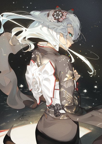 Anime picture 1061x1500 with nier nier:automata yorha type a no. 2 fadingz single long hair tall image fringe blue eyes standing signed silver hair traditional clothes parted lips japanese clothes profile looking back alternate costume floating hair light