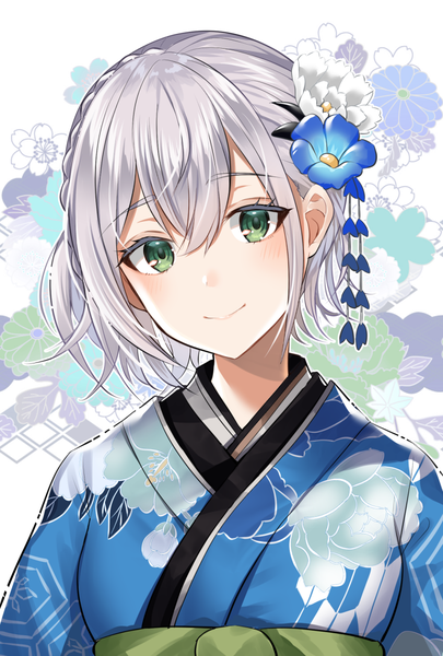 Anime picture 800x1184 with virtual youtuber hololive shirogane noel shirogane noel (2nd costume) myusha single tall image looking at viewer fringe short hair smile hair between eyes green eyes silver hair upper body traditional clothes head tilt japanese clothes official alternate costume girl