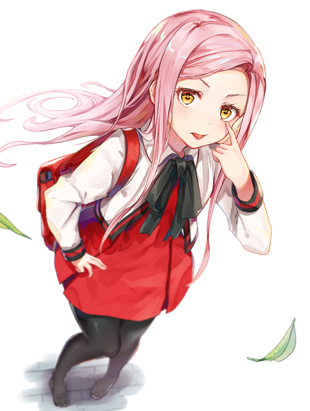 Anime picture 1325x1759 with original black cola single long hair tall image looking at viewer blush simple background standing white background yellow eyes pink hair from above wind open jacket no shoes hand on hip symbol-shaped pupils hand on face akanbe