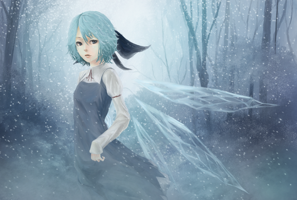 Anime picture 1900x1281 with touhou cirno akaikitsune single highres short hair blue eyes blue hair snowing winter girl dress bow plant (plants) hair bow wings tree (trees)