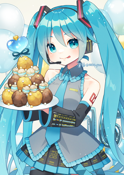 Anime picture 1020x1447 with vocaloid hatsune miku aona (noraneko) single tall image looking at viewer fringe blue eyes hair between eyes twintails holding signed blue hair very long hair twitter username :q girl detached sleeves necktie food