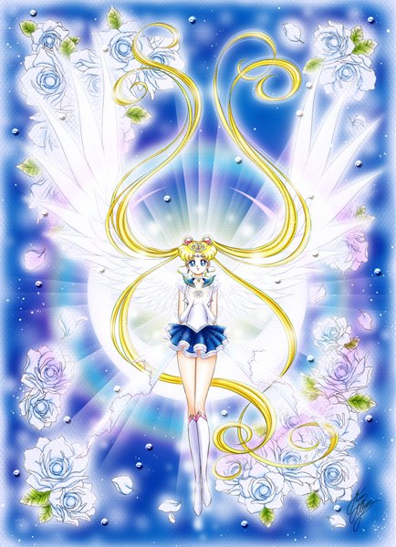 Anime picture 827x1142 with bishoujo senshi sailor moon toei animation tsukino usagi sailor moon marco albiero single tall image looking at viewer blue eyes blonde hair smile twintails holding signed full body very long hair pleated skirt hair bun (hair buns) floating hair blue background