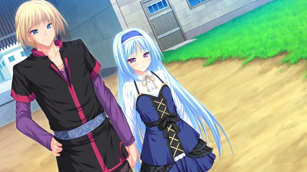 Anime picture 1920x1080 with ryuuyoku no melodia selphie lainlut tenmaso long hair highres short hair blue eyes blonde hair wide image purple eyes blue hair game cg couple girl dress boy hairband