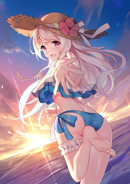 Anime picture 800x1131 with warship girls r changchun (warship girls r) bison cangshu single long hair tall image looking at viewer fringe open mouth light erotic smile standing sky cloud (clouds) outdoors white hair :d pink eyes looking back barefoot